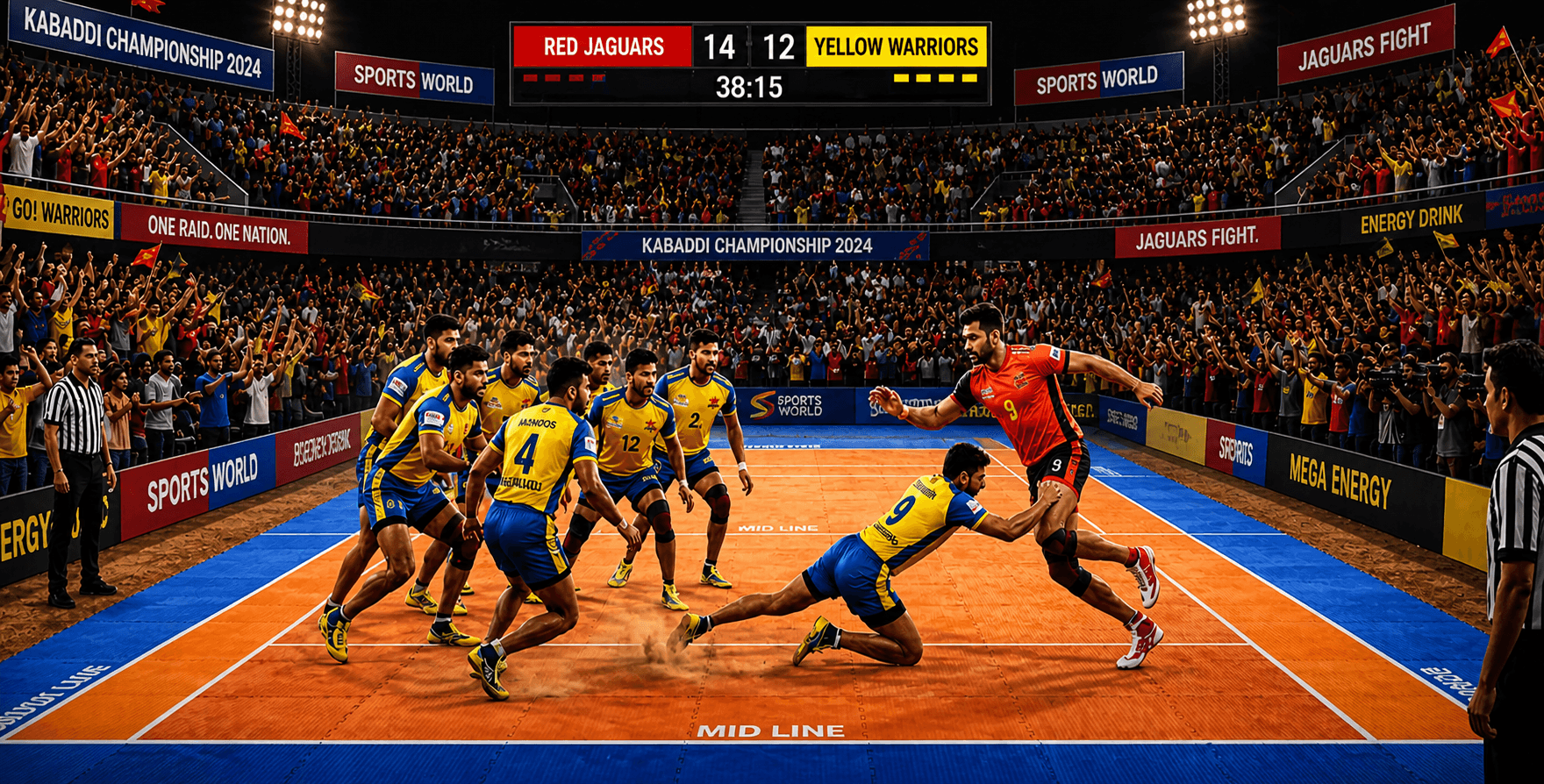 Kabaddi action — players on the mat, fans in the stands